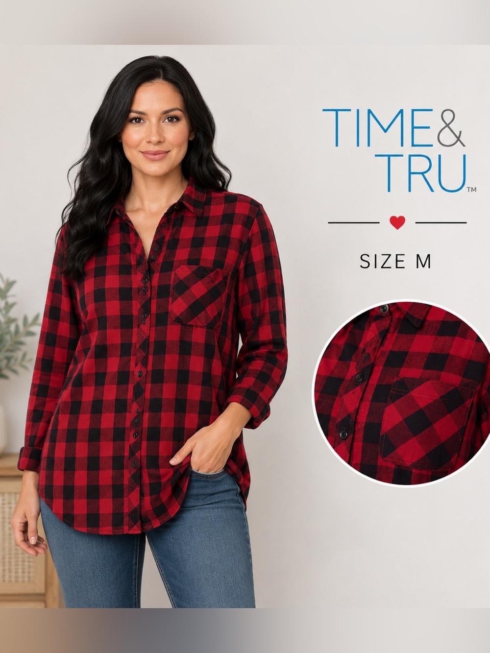 TIME and TRU long sleeve woman plaid red shirt / size M